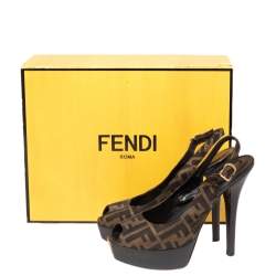 Pre Owned Fendi Tobacco Zucca Canvas Fendista Platform Slingback Sandals Size 40.5