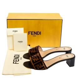 Pre Owned Fendi Brown/Black Zucca Velvet Slide Sandals Size 40