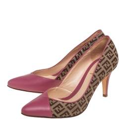 Pre Owned Fendi Old Rose/Beige Zucchino Canvas and Leather Pointed Toe Pumps Size 37