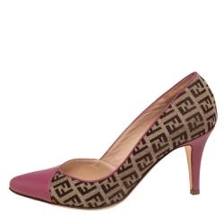 Pre Owned Fendi Old Rose/Beige Zucchino Canvas and Leather Pointed Toe Pumps Size 37