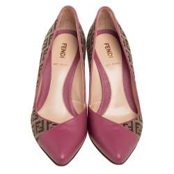 Pre Owned Fendi Old Rose/Beige Zucchino Canvas and Leather Pointed Toe Pumps Size 37