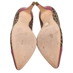 Pre Owned Fendi Old Rose/Beige Zucchino Canvas and Leather Pointed Toe Pumps Size 37