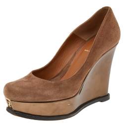 Pre Owned Fendi Brown Suede Platform Wedge Pumps Size 38