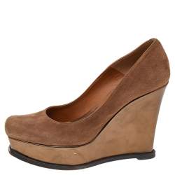 Pre Owned Fendi Brown Suede Platform Wedge Pumps Size 38