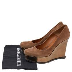 Pre Owned Fendi Brown Suede Platform Wedge Pumps Size 38