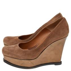 Pre Owned Fendi Brown Suede Platform Wedge Pumps Size 38