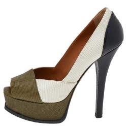 Pre Owned Fendi MultiColor Lizard Embossed Leather Fendista Peep Toe Platform Pumps Size 35.5
