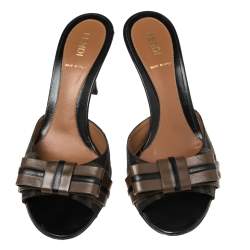 Pre Owned Fendi Tobacco Zucca Canvas and Leather Bow Side Sandals Size 37.5