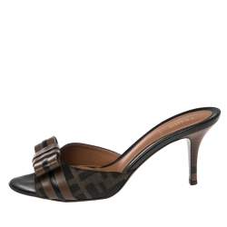 Pre Owned Fendi Tobacco Zucca Canvas and Leather Bow Side Sandals Size 37.5