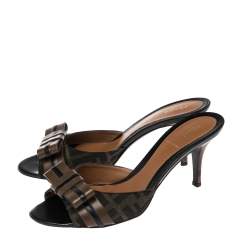 Pre Owned Fendi Tobacco Zucca Canvas and Leather Bow Side Sandals Size 37.5