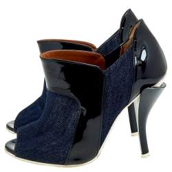 Fendi Blue/Black Denim And Patent Leather Peep Toe Booties Size 36
