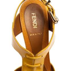 Pre Owned Fendi Yellow Patent Leather And Lizard Embossed Leather Fendista Platform Sandals Size 37.5