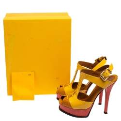 Pre Owned Fendi Yellow Patent Leather And Lizard Embossed Leather Fendista Platform Sandals Size 37.5