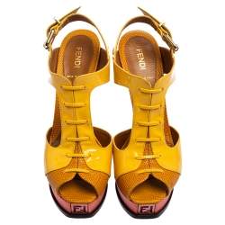 Pre Owned Fendi Yellow Patent Leather And Lizard Embossed Leather Fendista Platform Sandals Size 37.5