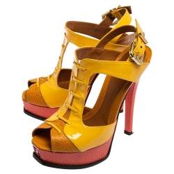 Pre Owned Fendi Yellow Patent Leather And Lizard Embossed Leather Fendista Platform Sandals Size 37.5