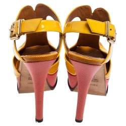 Pre Owned Fendi Yellow Patent Leather And Lizard Embossed Leather Fendista Platform Sandals Size 37.5