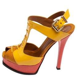 Pre Owned Fendi Yellow Patent Leather And Lizard Embossed Leather Fendista Platform Sandals Size 37.5