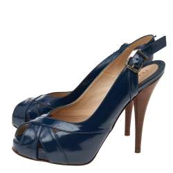 Fendi Blue Patent Leather Peep Toe Slingback Sandals Size 39.5