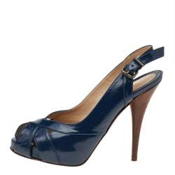 Fendi Blue Patent Leather Peep Toe Slingback Sandals Size 39.5