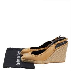 Pre Owned Fendi Yellow Leather Peep Toe Espadrille Wedge Slingback Sandals Size 41