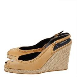 Pre Owned Fendi Yellow Leather Peep Toe Espadrille Wedge Slingback Sandals Size 41