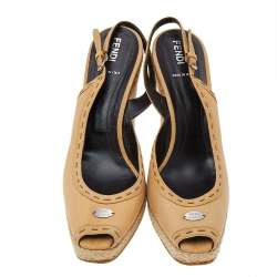 Pre Owned Fendi Yellow Leather Peep Toe Espadrille Wedge Slingback Sandals Size 41