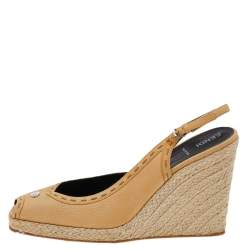 Pre Owned Fendi Yellow Leather Peep Toe Espadrille Wedge Slingback Sandals Size 41