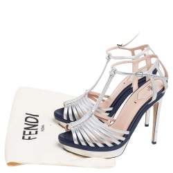 Fendi Metallic Silver Leather T- Strap Platform Sandals Size 38