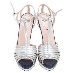 Fendi Metallic Silver Leather T- Strap Platform Sandals Size 38