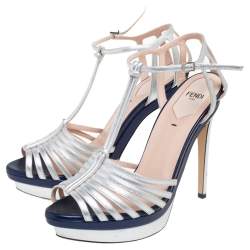 Fendi Metallic Silver Leather T- Strap Platform Sandals Size 38