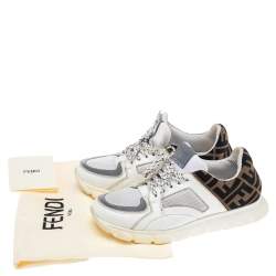 Pre Owned Fendi White/Brown Leather And Fabric Low Top Sneakers Size 38