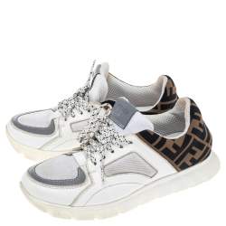 Pre Owned Fendi White/Brown Leather And Fabric Low Top Sneakers Size 38