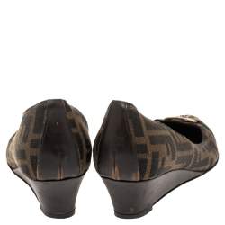 Pre Owned Fendi Brown Zucca Canvas And Leather  Wedge Pumps Size 38.5