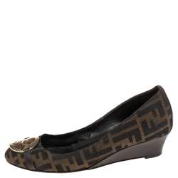 Pre Owned Fendi Brown Zucca Canvas And Leather  Wedge Pumps Size 38.5