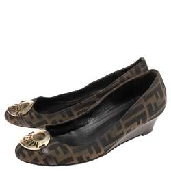 Pre Owned Fendi Brown Zucca Canvas And Leather  Wedge Pumps Size 38.5