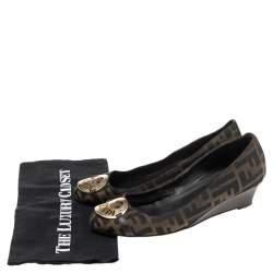 Pre Owned Fendi Brown Zucca Canvas And Leather  Wedge Pumps Size 38.5