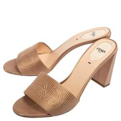 Pre Owned Fendi Beige Satin Logo Slide Sandals Size 41