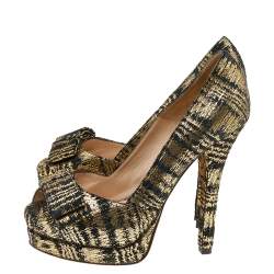 Pre Owned Fendi Black/Gold Suede Peep Toe Platform Pumps Size 37