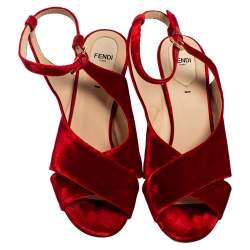 Pre Owned Fendi Red Velvet Crisscross Open Toe Ankle-Strap Sandals Size 40