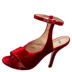 Pre Owned Fendi Red Velvet Crisscross Open Toe Ankle-Strap Sandals Size 40