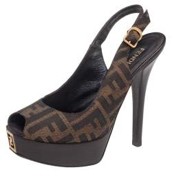Pre Owned Fendi Tobacco Zucca Canvas Fendista Platform Slingback Sandals Size 38.5