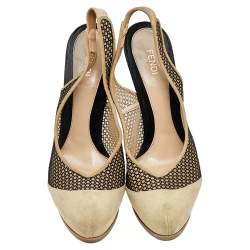 Fendi Beige/Black Suede And Mesh Platform Slingback Sandals Size 38