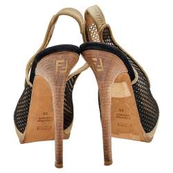 Fendi Beige/Black Suede And Mesh Platform Slingback Sandals Size 38