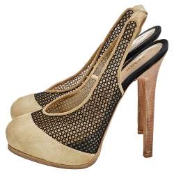 Fendi Beige/Black Suede And Mesh Platform Slingback Sandals Size 38