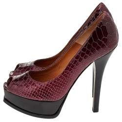 Pre Owned Fendi Burgundy Python Embossed Leather Fendista Peep Toe Platform Pumps Size 39