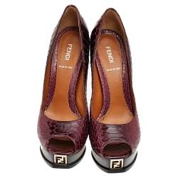 Pre Owned Fendi Burgundy Python Embossed Leather Fendista Peep Toe Platform Pumps Size 39