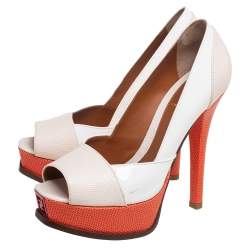 Pre Owned Fendi Tri-Color Lizard Embossed Leather And Patent Leather Fendista Platform Pumps Size 37.5