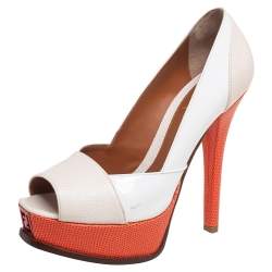 Pre Owned Fendi Tri-Color Lizard Embossed Leather And Patent Leather Fendista Platform Pumps Size 37.5