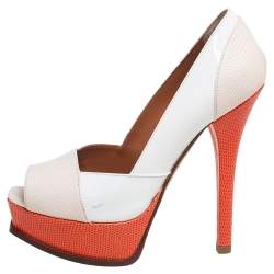 Pre Owned Fendi Tri-Color Lizard Embossed Leather And Patent Leather Fendista Platform Pumps Size 37.5