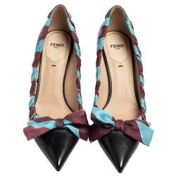 Fendi Black Leather And Woven Fabric Bow Pointed-Toe Pumps Size 38 